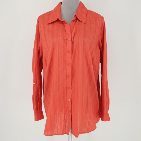 Coldwater Creek Top Plus 2X Orange Textured Cotton Blouse Roll Tab Sleeve Career - Picture 1 of 13